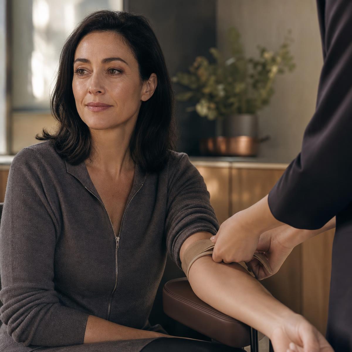 A seated patient resting an arm on a support while a clinician prepares for a routine blood draw in a calm private clinic
